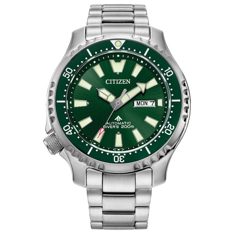 The CITIZEN Promaster Dive Automatic Mechanical 44mm Watch is a silver men's timepiece featuring a green dial with luminescent markers. It includes day and date displays on the right side and is inscribed with "AUTOMATIC DIVER'S 200m" on the face, paired with a stainless steel strap.