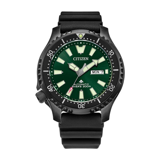 The CITIZEN Promaster Dive Automatic Mechanical 44mm Watch is a striking men's timepiece featuring a black case and green face with luminous hour markers. Its black rubber strap complements the "Automatic Diver's 200m" label, while offering ultimate functionality with a day-date display and rotating bezel.