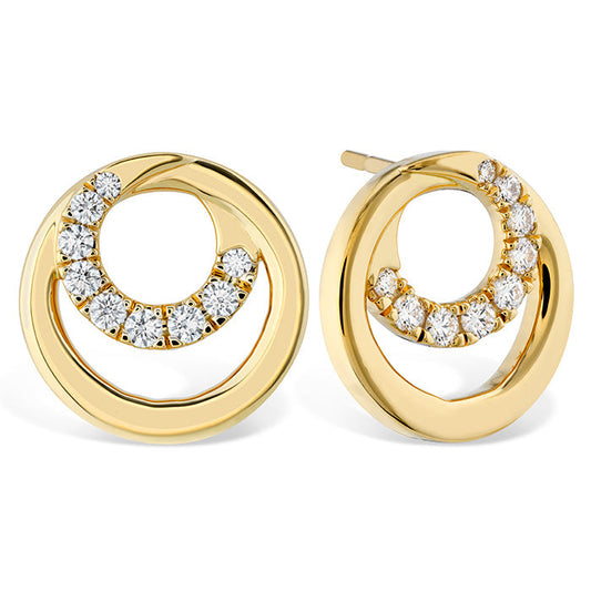 Introducing the Hearts On Fire Optima Stud Earrings: exquisite yellow gold earrings featuring interlocking loops. Each piece showcases a crescent of small, sparkling diamonds elegantly set on one side, creating a dazzling effect for any occasion.