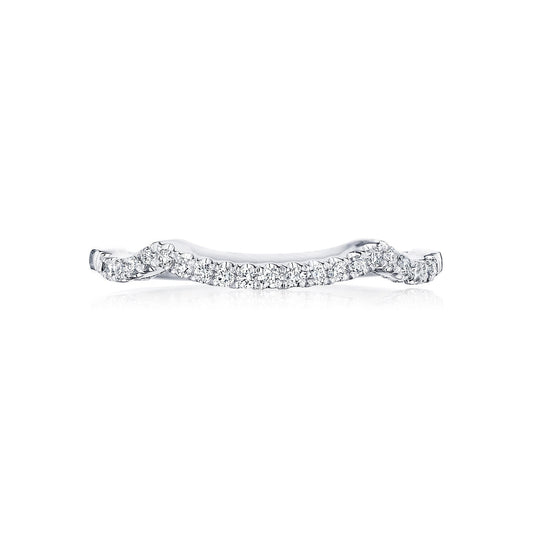The Tacori Coastal Crescent 14K White Gold Round Brilliant Diamond Curve Anniversary Ring is a refined silver piece that mirrors the gentle waves of the Coastal Crescent. It showcases a graceful wavy band adorned with small round-brilliant diamonds, creating an elegant and shimmering look ideal for wedding bands. Displayed on a white background, this ring highlights its intricate design beautifully.