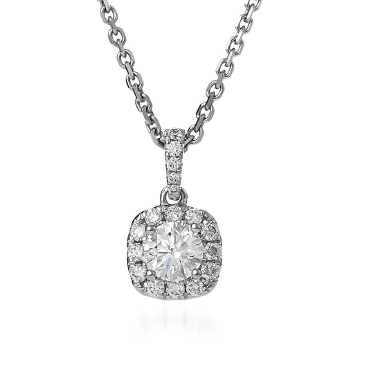 The Raffi&Co® 18K White Gold Necklace Pendant features a mesmerizing round brilliant lab-grown center diamond, beautifully accented by mined diamonds in a cushion halo setting, all complemented perfectly by its delicate chain.