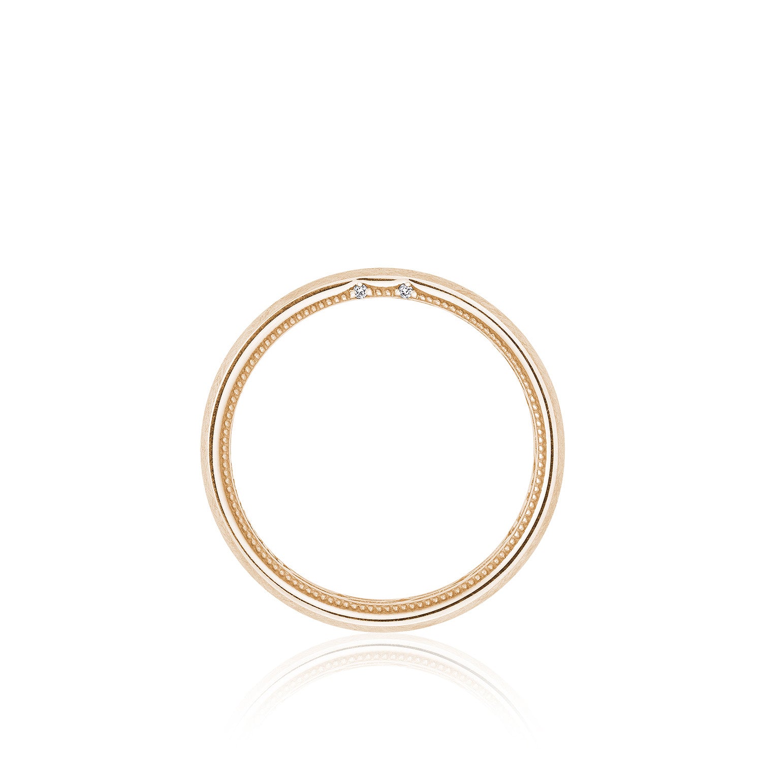 Introducing the Tacori Classic Criss Cross Brush Finish 14K Yellow Gold Wedding Band: this exquisite piece features a sleek, circular design, embellished with two small diamond accents on one side. Its reflective surface and intricate detailing showcase the exceptional craftsmanship reminiscent of fine engagement rings.