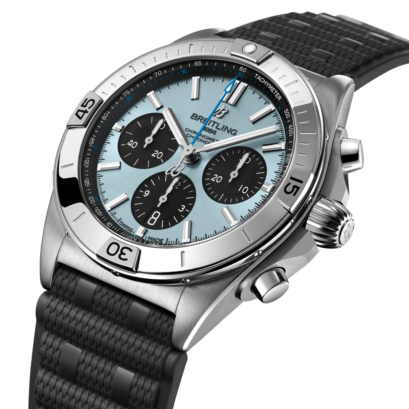 Introducing the BREITLING Chronomat B01 42, a luxury timepiece featuring a silver case and a striking teal dial. This watch showcases three black subdials and a date display, ensuring both style and functionality. As a COSC-certified chronometer, its numbered bezel enhances timing precision. With options for textured black leather or rubber straps, this masterpiece proudly bears the Breitling name on its dial.