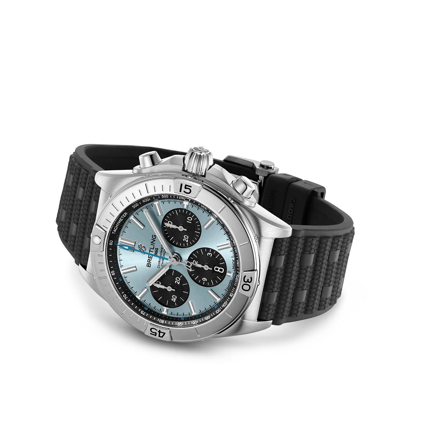 The BREITLING Chronomat B01 42 showcases a sophisticated silver and black design, highlighted by a turquoise face. It features three subdials and a date window, while its Super Chronomat style includes a black textured strap, numbered bezel, and two pushers beside the crown. This timepiece is a testament to precision as a COSC-certified chronometer masterpiece from Breitling.