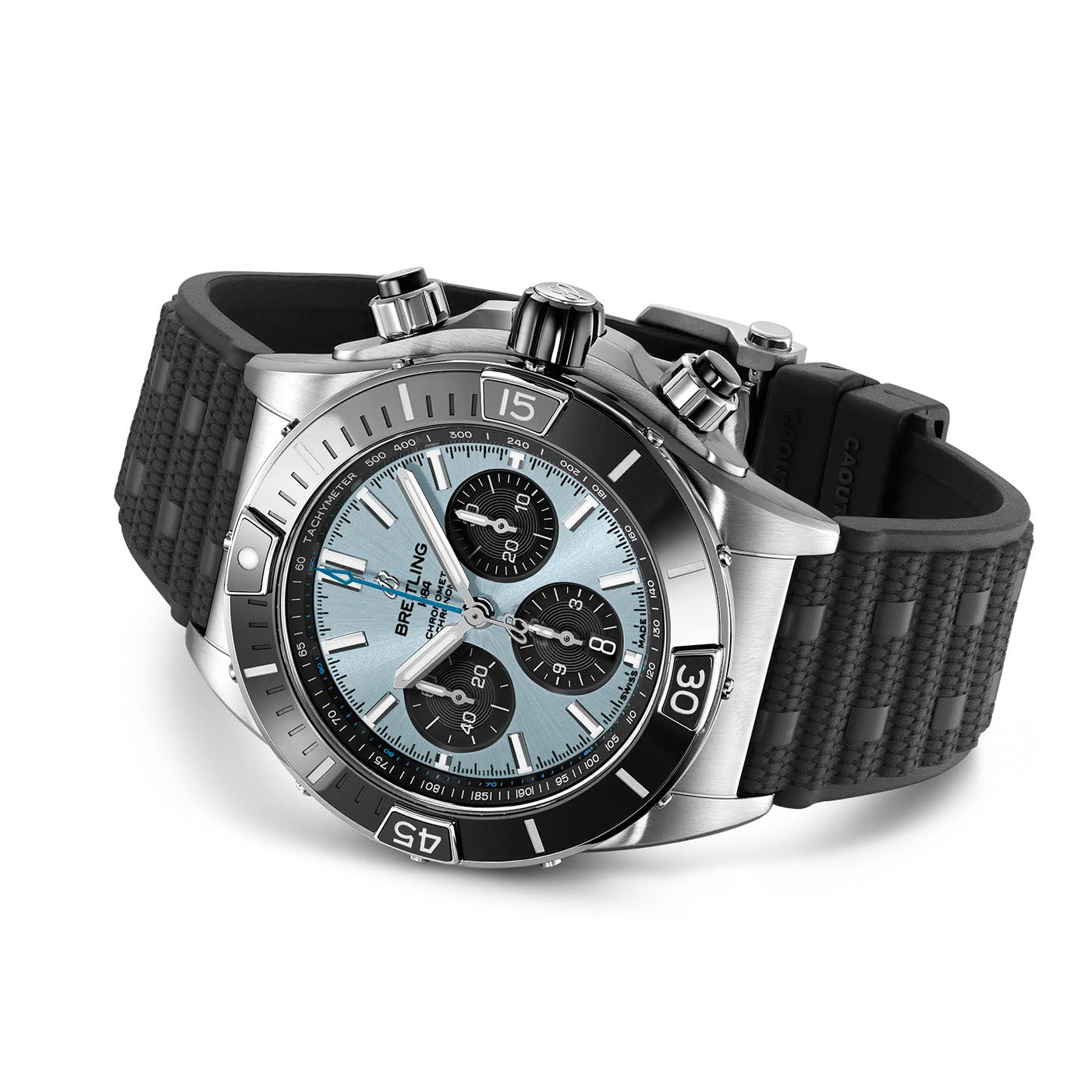 The BREITLING Super Chronomat B01 44 is a luxury Breitling watch featuring a stainless steel case, light blue face with black subdials, silver markers, lab-grown diamonds, and a black textured rubber strap. It has prominent pushers and crown on the side for added functional elegance.