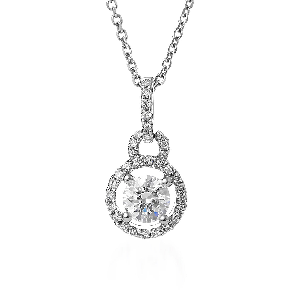 This Raffi&Co. necklace showcases a stunning round brilliant lab center diamond surrounded by smaller mined accent diamonds, all set in a halo design. The simple 18K white gold chain enhances the sparkle of the pendant.