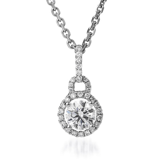 Introducing the Raffi&Co.® 18K White Gold Necklace Pendant, featuring a stunning round brilliant lab-grown central diamond encircled by mined accent diamonds. This elegant piece boasts a delicate chain and a radiant halo design, showcasing the brilliance of the central diamond beautifully.