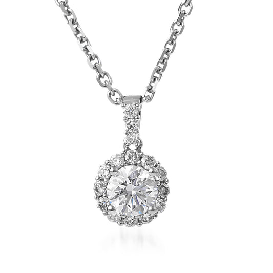 Introducing the Raffi&Co.® 18K White Gold Necklace: a round pendant showcasing a brilliant lab center diamond, encircled by exquisite mined accent diamonds, all elegantly set on a delicate chain.