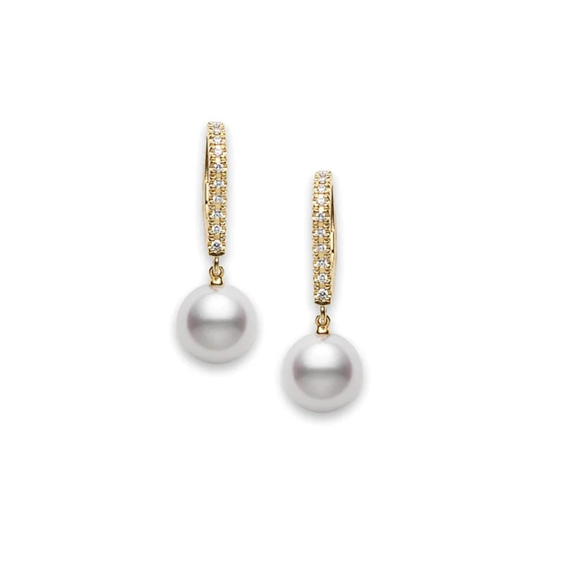 The Mikimoto Classic Elegance 18K Yellow Gold Akoya Cultured Pearl with Diamond Lever Back Drop Earrings by Mikimoto feature a row of sparkling diamonds on the lever back hooks, each gracefully adorned with a single round Akoya cultured pearl dangling below, all exquisitely set in 18k yellow gold.