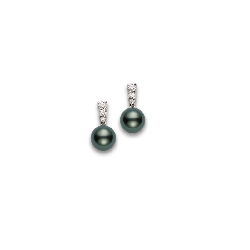 Mikimoto Morning Dew 18K White Gold Diamonds with Black South Sea Pearl Drop Earrings