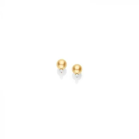 The Mikimoto 18K Yellow Gold Diamond with Golden South Sea Pearl Stud Earrings showcase golden spherical studs crafted from 18K yellow gold and accented with tiny clear gems, all set against a plain white background.