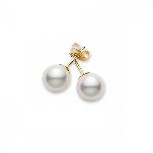 The Mikimoto 18K Yellow Gold Akoya Cultured Pearl Stud Earrings are showcased against a white background.