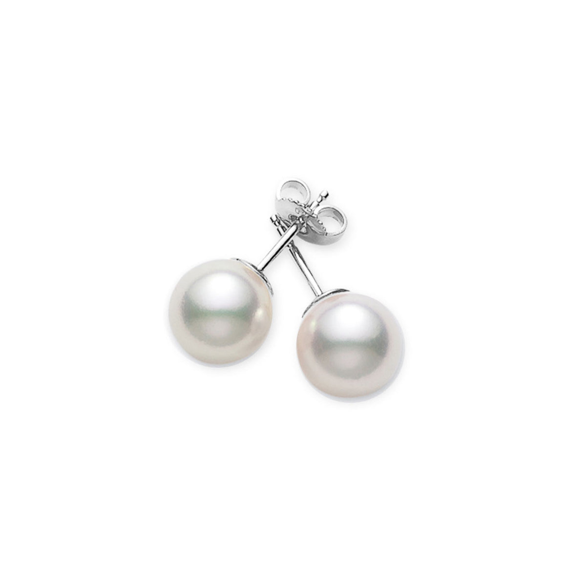 Introducing the Mikimoto 18K White Gold Akoya Cultured Pearl Stud Earrings: These sophisticated stud earrings showcase exquisite Akoya cultured pearls set on 18k white gold posts, complete with secure butterfly backs, and are elegantly presented on a simple white background.