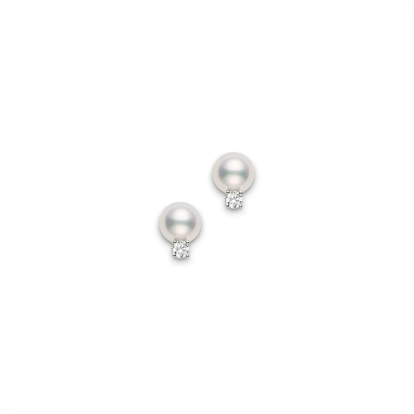 Mikimoto 18K White Gold Diamond with Akoya Cultured Pearl Stud Earrings