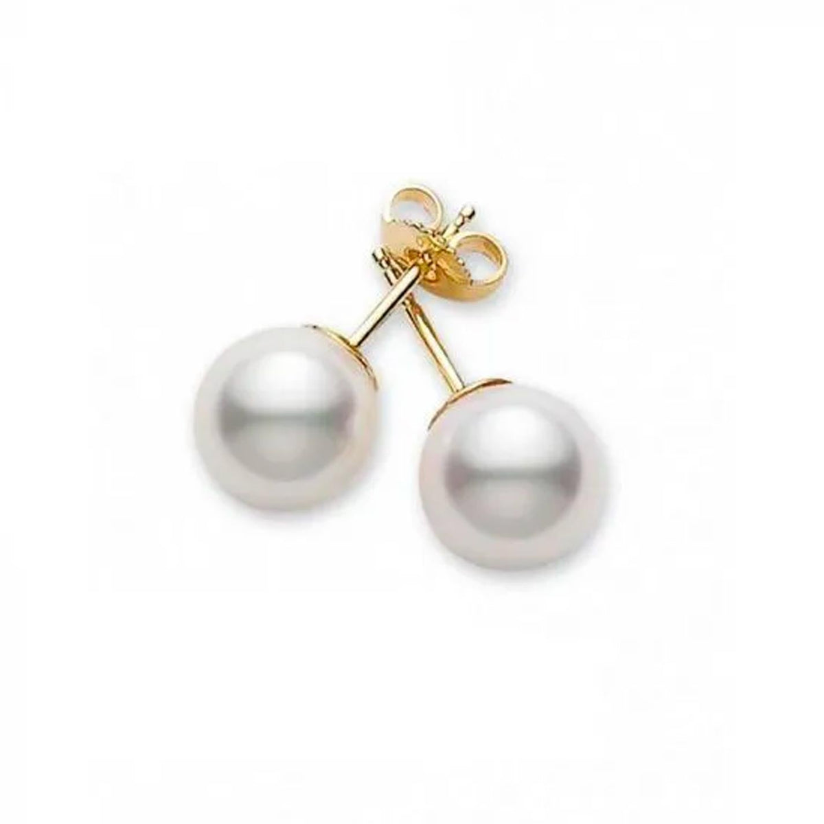 A pair of Mikimoto 18K Yellow Gold Akoya Cultured Pearl Stud Earrings displayed on a white background.