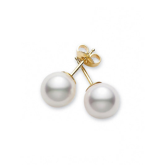 Close-up of the Mikimoto 18K Yellow Gold Akoya Cultured Pearl Stud Earrings, featuring elegant posts and butterfly backs, set against a plain white background.