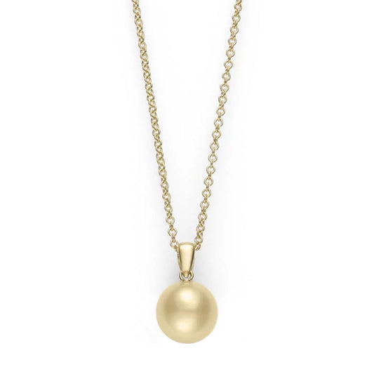The Mikimoto 18K Yellow Gold Golden South Sea Pearl Necklace Pendant features a round, smooth pearl with a glossy finish suspended on a delicate 18-karat yellow gold chain. It is displayed against a plain white background.