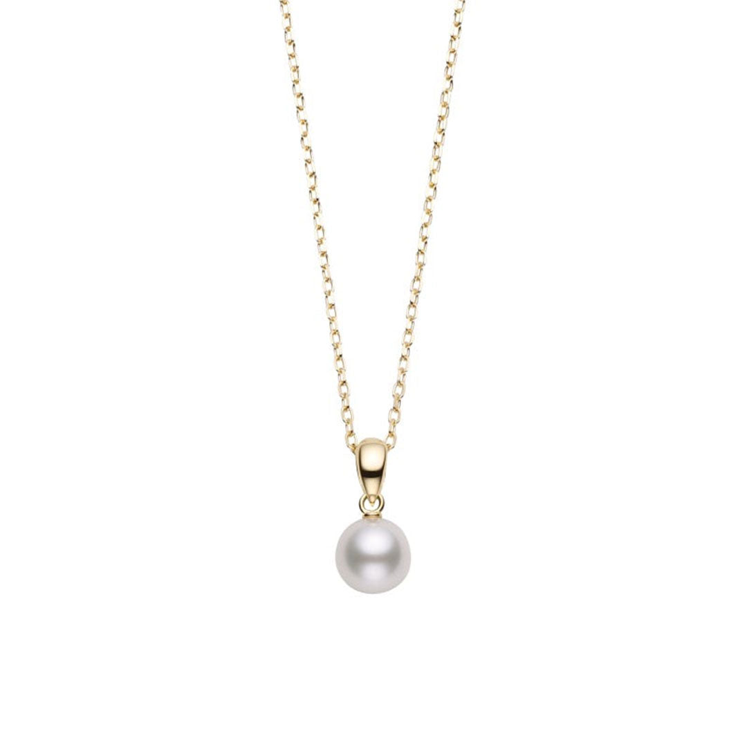 The Mikimoto 18K Yellow Gold Akoya Cultured Pearl Necklace Pendant showcases a single 6–6.5mm round Akoya cultured pearl suspended at the center of a delicate gold chain, displayed against a plain white background.