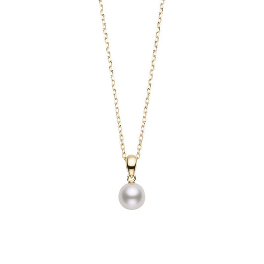 The Mikimoto 18K Yellow Gold Akoya Cultured Pearl Necklace Pendant showcases a single 6–6.5mm round Akoya cultured pearl suspended at the center of a delicate gold chain, displayed against a plain white background.
