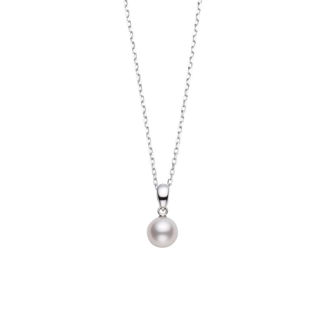 The Mikimoto 18K White Gold Akoya Cultured Pearl Necklace Pendant showcases a single 7-7.5mm pearl on a delicate silver chain, elegantly displayed against a plain white background.