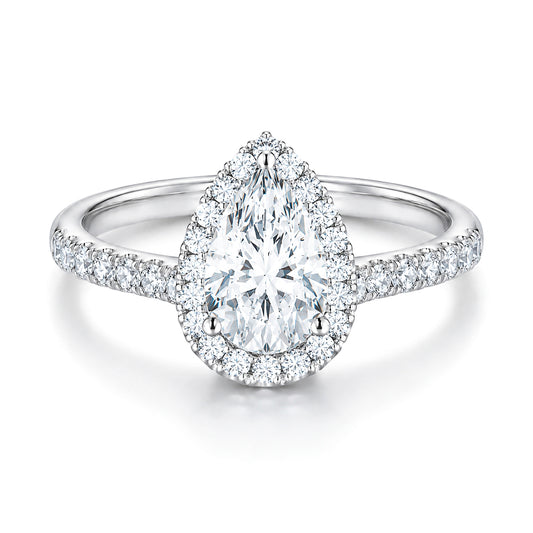 The Raffi&Co.® 14K White Gold Pear Halo Diamond Engagement Ring features a 3.02 ct pear-shaped center diamond, surrounded by a halo of smaller diamonds on a slim 14K white gold band.