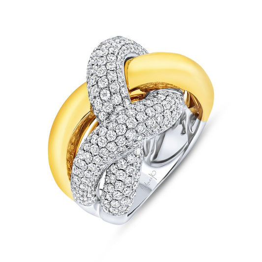 The Uneek Legacy 18K White and Yellow Gold Diamond Fashion Ring by Uneek showcases a captivating intertwined design of polished yellow and white gold, set with numerous small round diamonds, imparting an elegant and luxurious look.