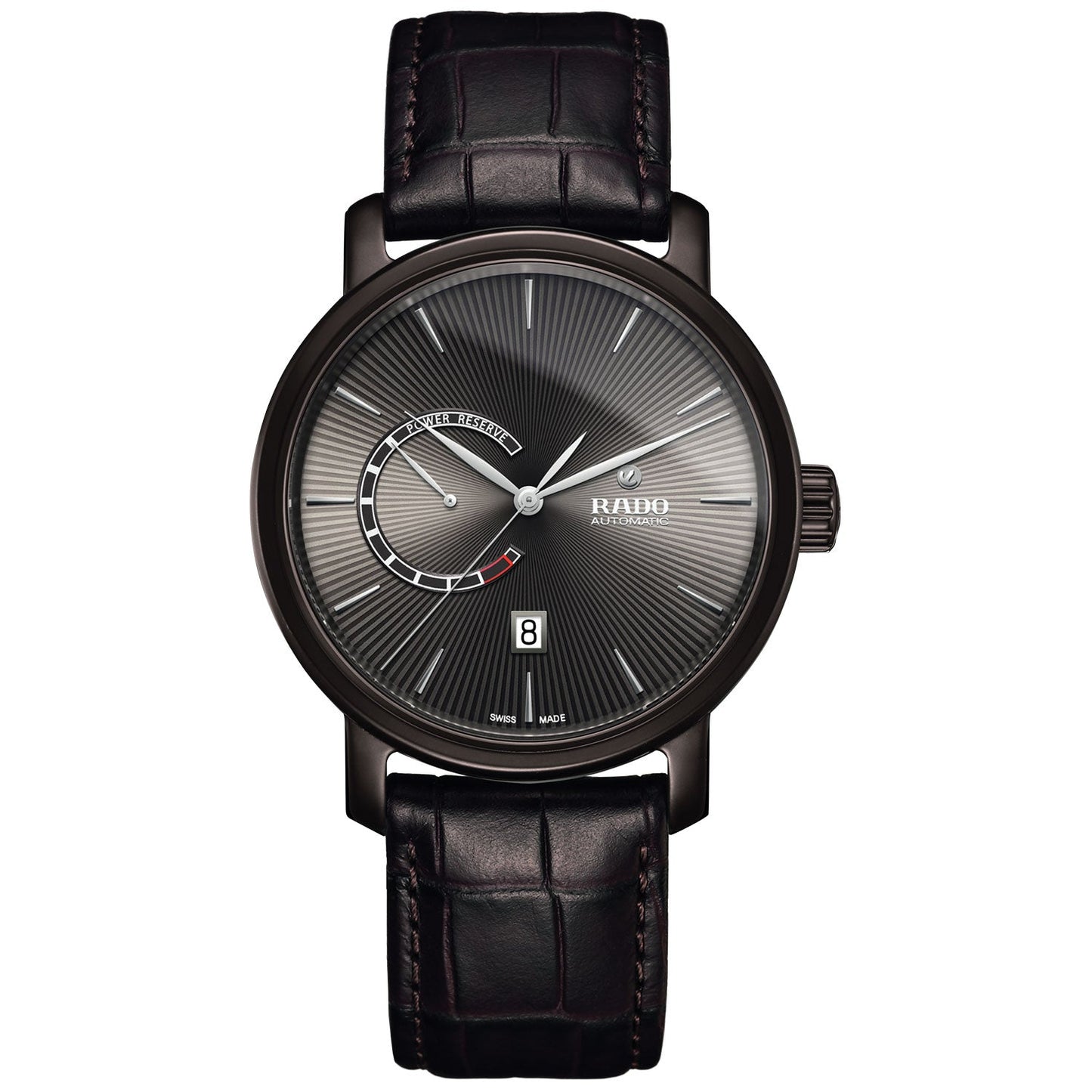 The RADO DiaMaster Power Reserve Automatic 43mm Watch features a sleek design with a black leather strap and a ceramic case. It boasts a grey gradient dial complete with a small sub-dial, date window at the 6 o'clock position, and silver-tone markers and hands. The brand name "RADO" is prominently displayed on the dial.