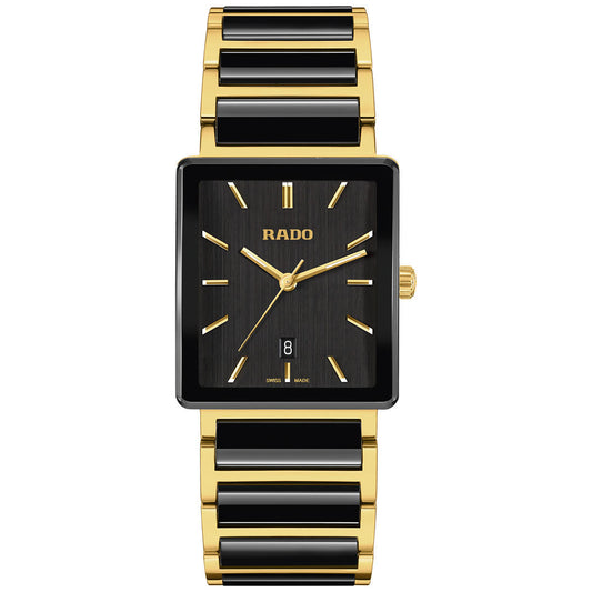 The RADO Integral Quartz 31.5mm watch features a rectangular black and gold face with gold markers and hands, a date window at 6 o'clock, and a stylish gold and black ceramic link bracelet.