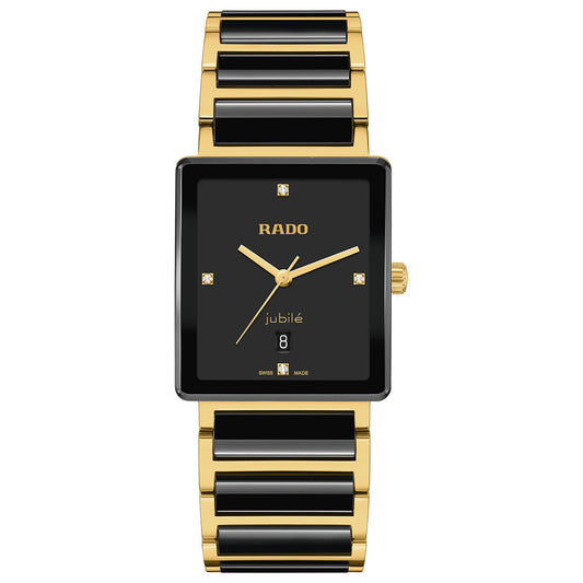 The RADO Integral Diamonds Quartz 31.5mm Watch features a rectangular gold and black case, diamond hour markers, sapphire crystal, date display, and a metal band with alternating gold and black links.