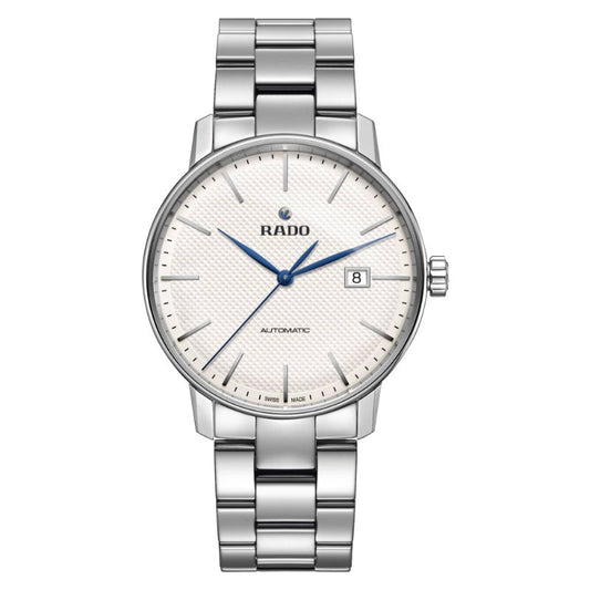 RADO Coupole Classic Automatic 41mm Watch featuring a silver stainless steel case, a white textured dial protected by sapphire crystal, and blue hour and minute hands. The watch includes a date display at the 3 o'clock position with the brand name "RADO" above the center. The bracelet boasts a polished finish.