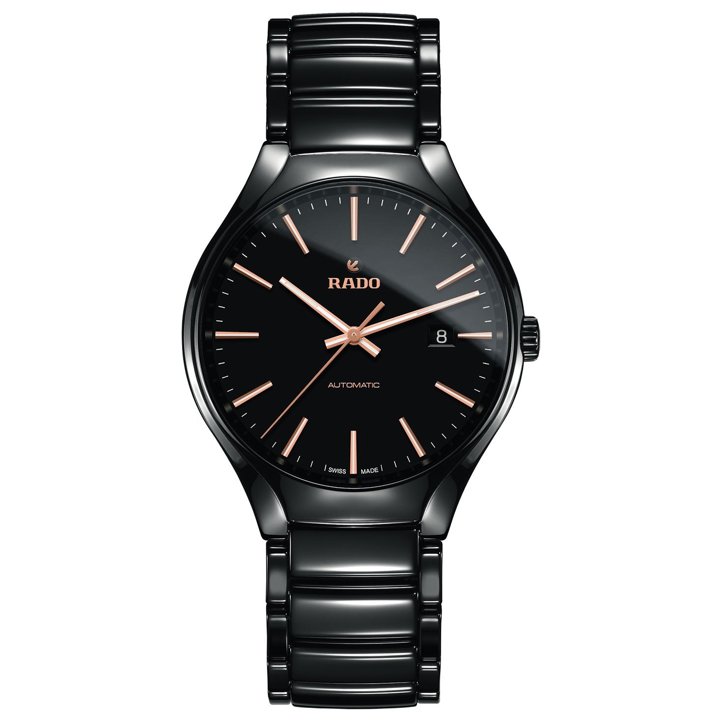 The RADO True Round Automatic 40mm Watch showcases a sleek black ceramic bracelet and dial. Its black face is elegantly complemented by rose gold hands and hour markers, with the date positioned at 3 o'clock. Above the 6 o'clock marker, "Automatic" is printed to emphasize its Swiss automatic movement.