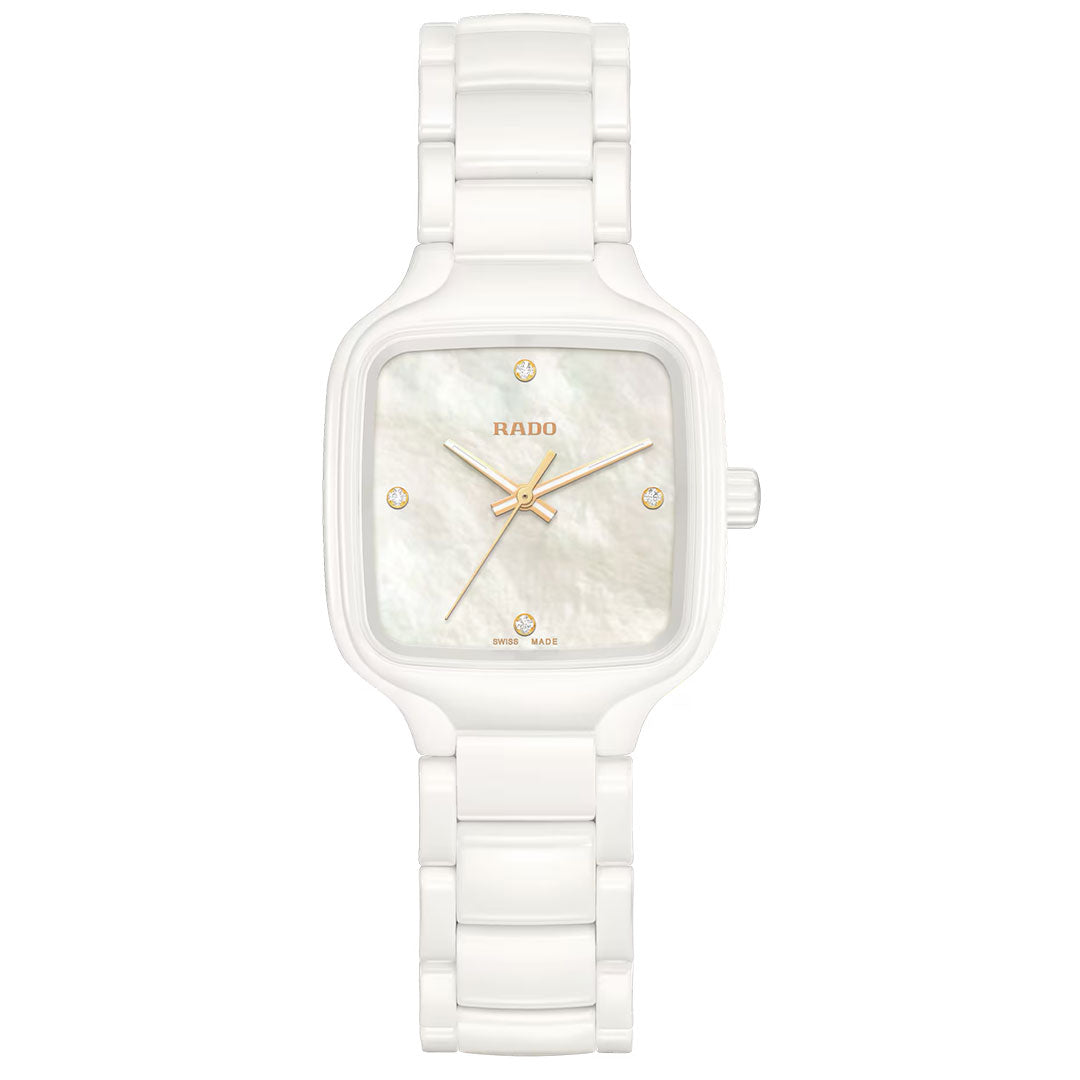 The RADO True Square Diamonds Quartz 29mm Watch features a white high-tech ceramic square case, gold-tone hands and markers, a mother-of-pearl dial, and "RADO" displayed on the face.