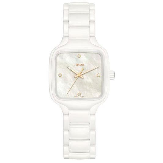 The RADO True Square Diamonds Quartz 29mm Watch features a white high-tech ceramic square case, gold-tone hands and markers, a mother-of-pearl dial, and "RADO" displayed on the face.