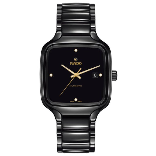 The RADO True Square Automatic 38mm Watch features a polished metal band and a black face with golden hands and dot markers. Displaying the brand name "RADO" along with an automatic date function, this scratch-resistant timepiece exemplifies the elegance of high-tech ceramic watches.