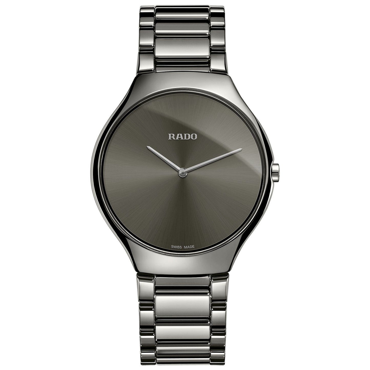 Introducing the RADO True Thinline Quartz 39mm Watch, a sleek timepiece with a minimalist design. It features a dark, glossy face and silver hour and minute hands, all set in high-tech ceramic. The polished stainless steel band enhances its contemporary and elegant allure.