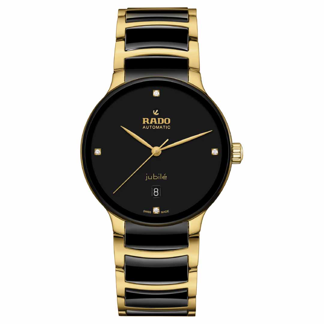 The RADO Centrix Diamonds Automatic 39.5mm Watch features an elegant round black dial adorned with gold hands, diamond hour markers, and a date window at six o'clock. The strap highlights a sophisticated design of alternating yellow gold-colored stainless steel links, emphasizing the timepiece's renowned quality.