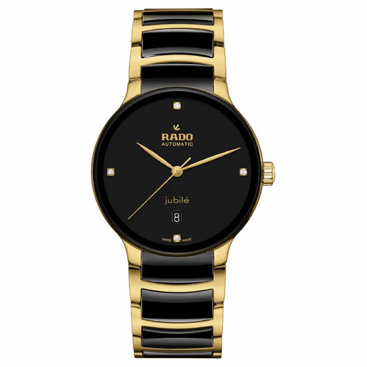 The RADO Centrix Diamonds Automatic 39.5mm Watch features an elegant round black dial adorned with gold hands, diamond hour markers, and a date window at six o'clock. The strap highlights a sophisticated design of alternating yellow gold-colored stainless steel links, emphasizing the timepiece's renowned quality.