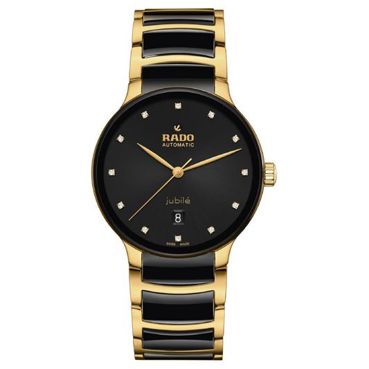 The RADO Centrix Automatic Diamonds 39.5mm watch features a black dial with gold markers, date at 6 o’clock, “RADO AUTOMATIC jubilé” on the face, and a gold/black high-tech ceramic bracelet.
