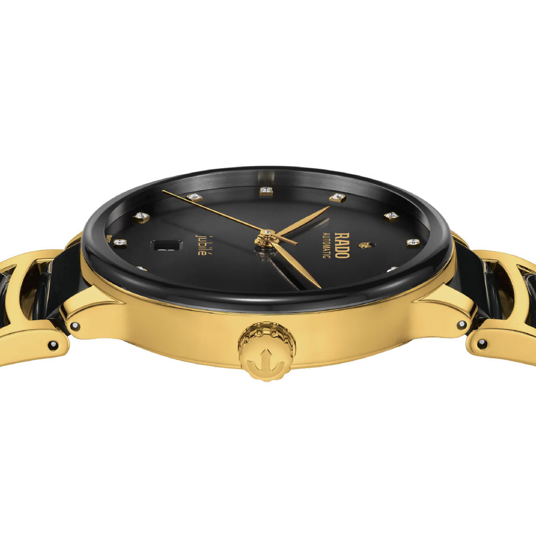 The RADO Centrix Automatic Diamonds 39.5mm Watch features a black high-tech ceramic band, black dial, gold hour markers, and a yellow gold-coloured stainless steel case with an anchor symbol crown for a sleek, modern look.