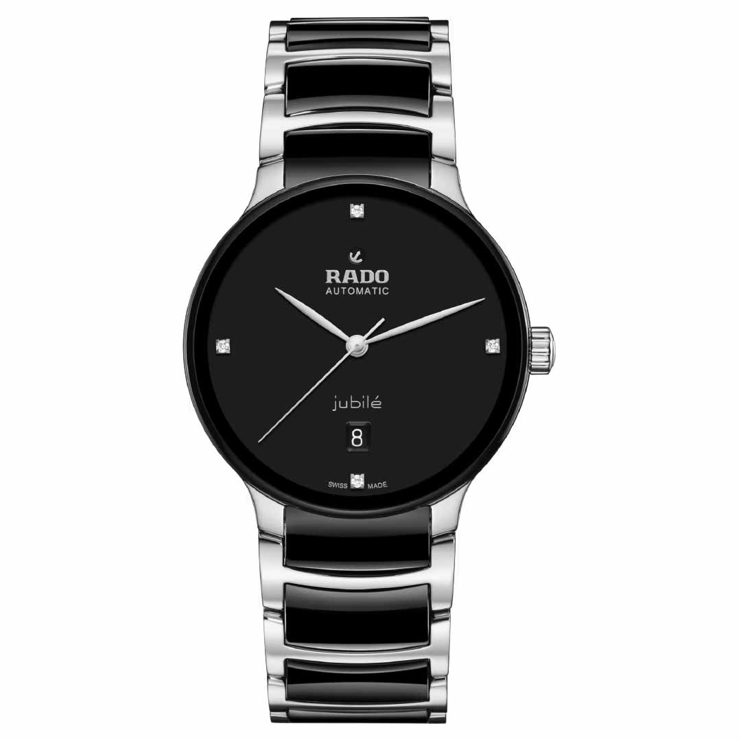 Featuring a sophisticated design, this wristwatch boasts a silver and black metal bracelet with advanced ceramic elements. The black dial displays the brand name "RADO Centrix Diamonds Automatic" along with "Jubilé," highlighting silver hour markers and hands. A date display is elegantly positioned at 6 o'clock.