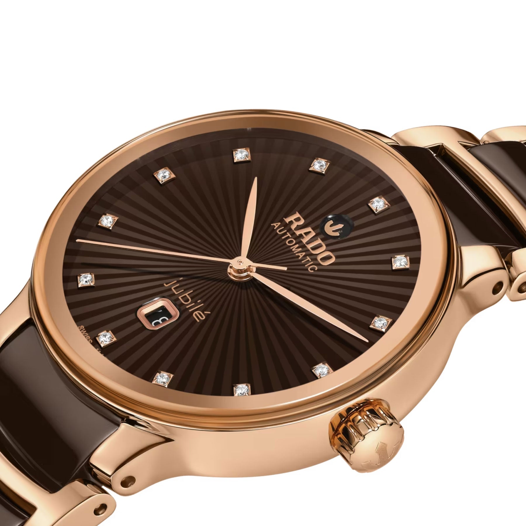 Experience the sophistication of the RADO Centrix Diamonds Automatic 30.5mm Watch, featuring a rose-gold-coloured PVD-coated stainless steel case. This luxury watch boasts a black dial adorned with diamond hour markers, protected by sapphire crystal, and is paired with an elegant black ceramic and rose gold bracelet.