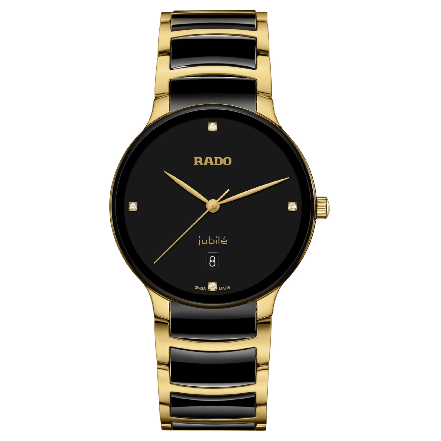 Introducing the RADO Centrix Diamonds Quartz 39.5mm Watch, a luxurious timepiece with a sleek gold and black design. It boasts a sophisticated black dial adorned with diamond accents at the 12, 3, 6, and 9 o'clock positions, complemented by gold hands and a date window at the 6 o'clock mark. The look is completed with an elegant gold and black ceramic link bracelet.