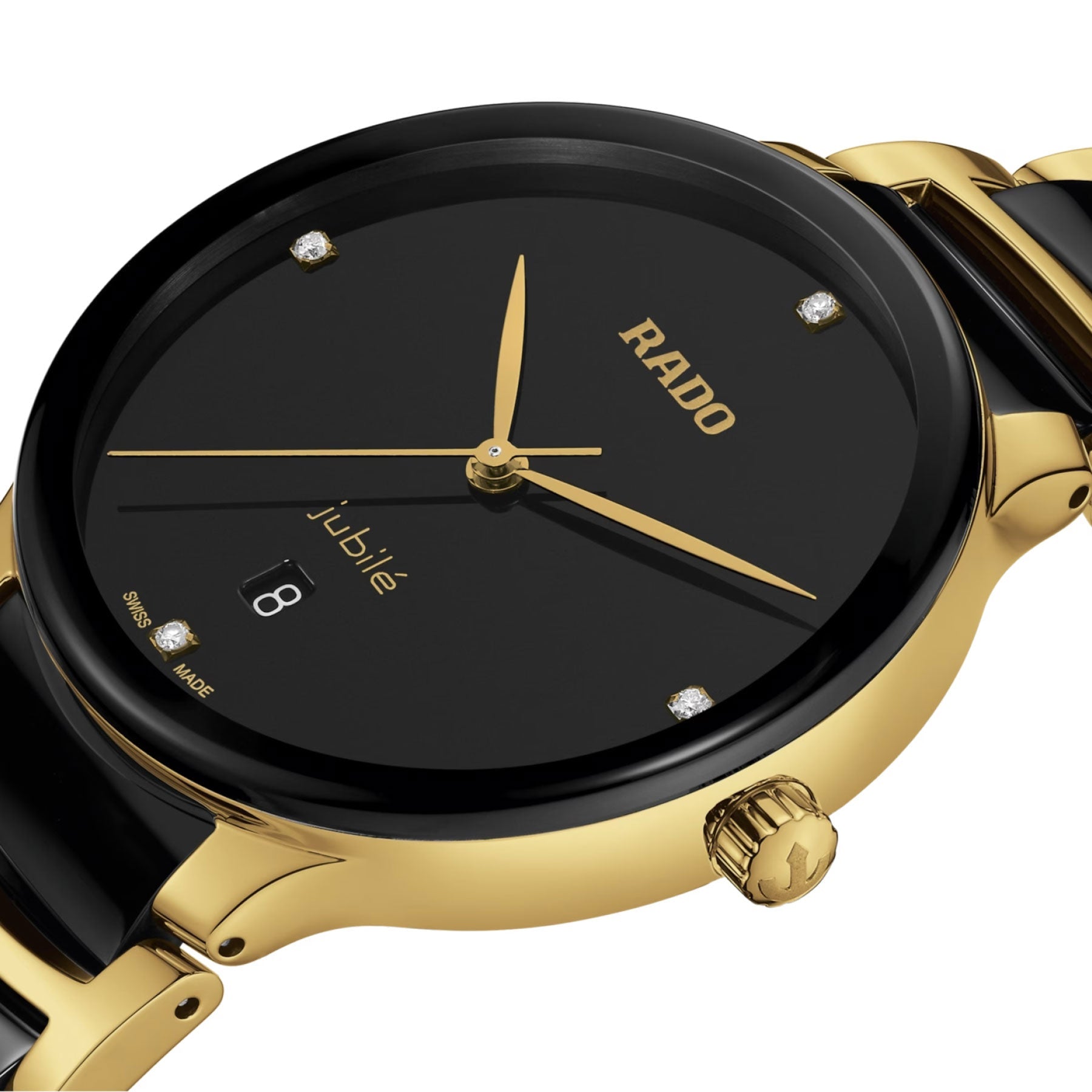 A stylish black and gold RADO Centrix Diamonds Quartz 39.5mm watch featuring a lustrous bracelet. The watch face is black, adorned with gold hour markers and hands, proudly displaying the brand name "RADO" alongside "Jubilé." A refined elegance is accentuated by its diamond-like sparkle, showcasing the date as the 8th.