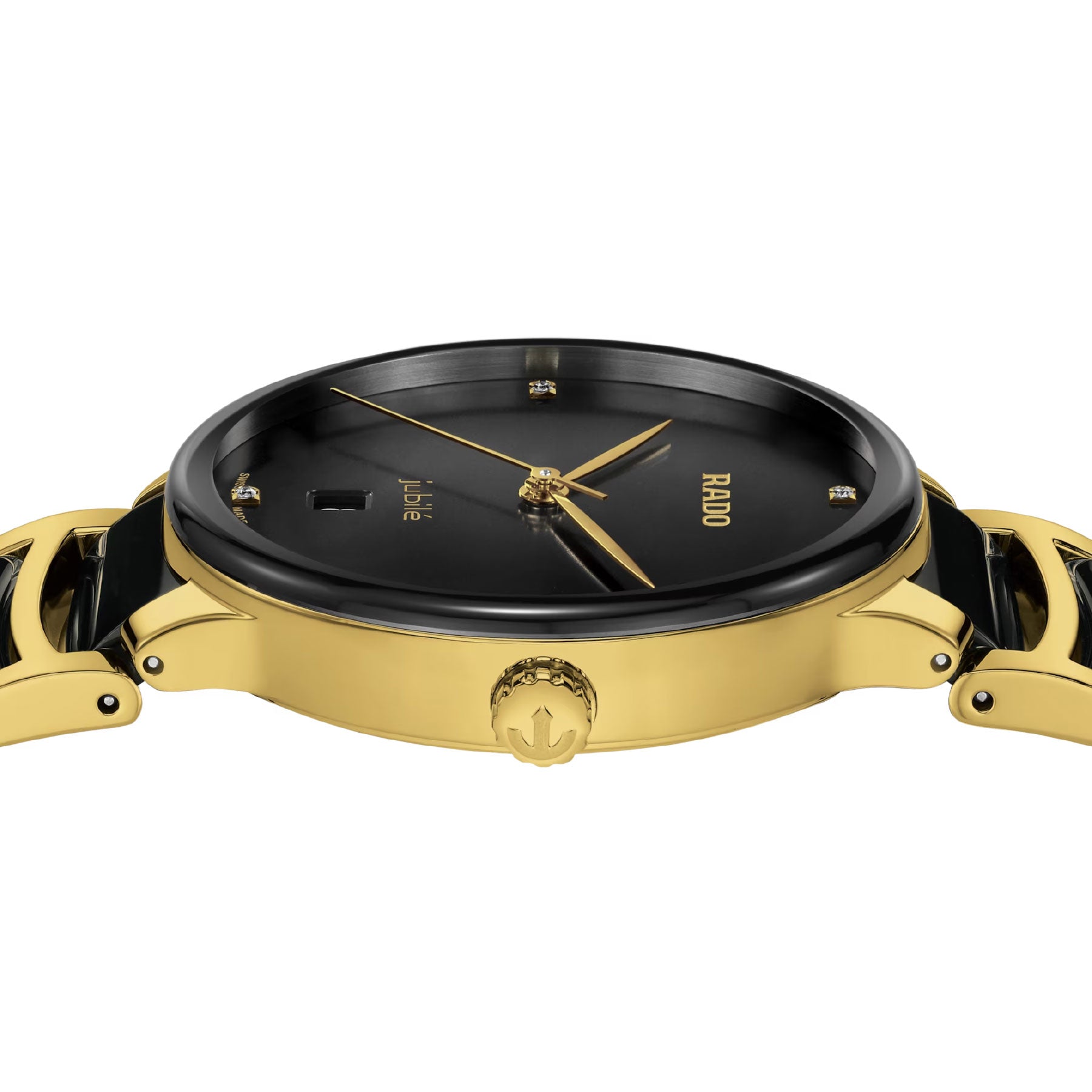 Displayed is the RADO Centrix Diamonds Quartz 39.5mm Watch, a stunning gold wristwatch with a black face and gold accents. It features minimalist hour markers, a date window, and gold hands. The side view showcases the gold crown adorned with an anchor emblem and the coordinating gold bracelet.