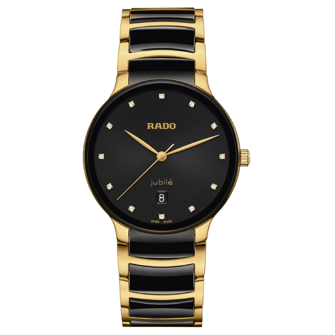 The RADO Centrix Diamonds Quartz 39.5mm Watch features a round black dial, gold hands, diamond markers, a date display at 6 o'clock, and a yellow gold PVD-coated stainless steel bracelet with black ceramic inlays.