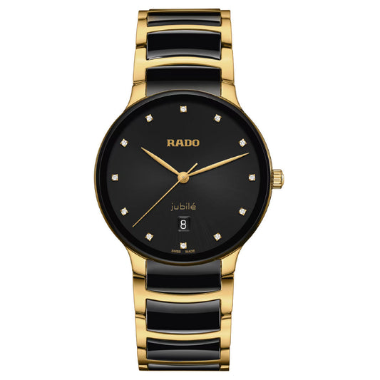 The RADO Centrix Diamonds Quartz 39.5mm Watch features a round black dial, gold hands, diamond markers, a date display at 6 o'clock, and a yellow gold PVD-coated stainless steel bracelet with black ceramic inlays.