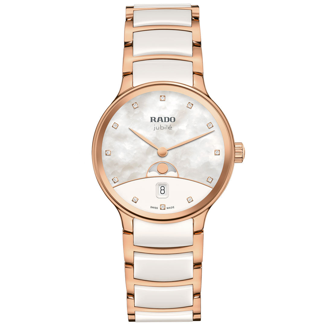 The RADO Centrix Moonphase Quartz 35mm Watch features a rose gold and white band, white mother-of-pearl dial with diamond hour markers, date at 6 o'clock, and the Swiss-made label.