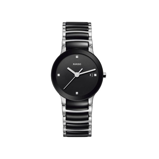 Introducing the RADO Centrix Diamonds Automatic 28mm Watch by RADO, a wristwatch with a sleek design featuring a black circular dial and an elegant silver and black metal bracelet. The watch is enhanced by scratch-resistant sapphire crystal and showcases small square hour markers along with a date window at the four o'clock position.