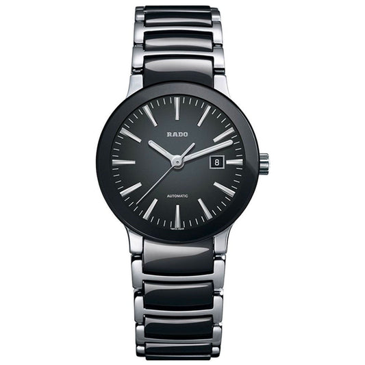 Introducing the RADO Centrix Automatic 28mm Watch, a masterpiece of Swiss watchmaking excellence. This elegant wristwatch features a silver metal band and a black round face, highlighted by minimalistic hour markers and two hands. It includes an automatic movement and a date display at 3 o'clock, all protected by a scratch-resistant sapphire crystal, proudly bearing the distinguished brand name "Rado.
