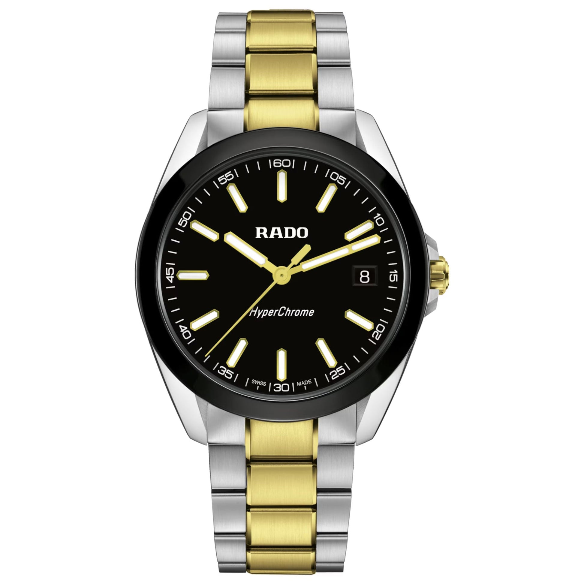 The RADO HyperChrome Quartz 41.5mm Watch features a high-tech ceramic bezel, black dial, gold-tone markers and hands, date display, and a two-tone silver and gold bracelet. Powered by precise Rado calibre R292 movement.